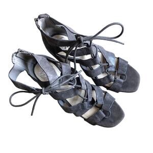 Vince Camuto Magnet Gray Leather Tie Front Stacked Heel Phandras Sandal Shoes